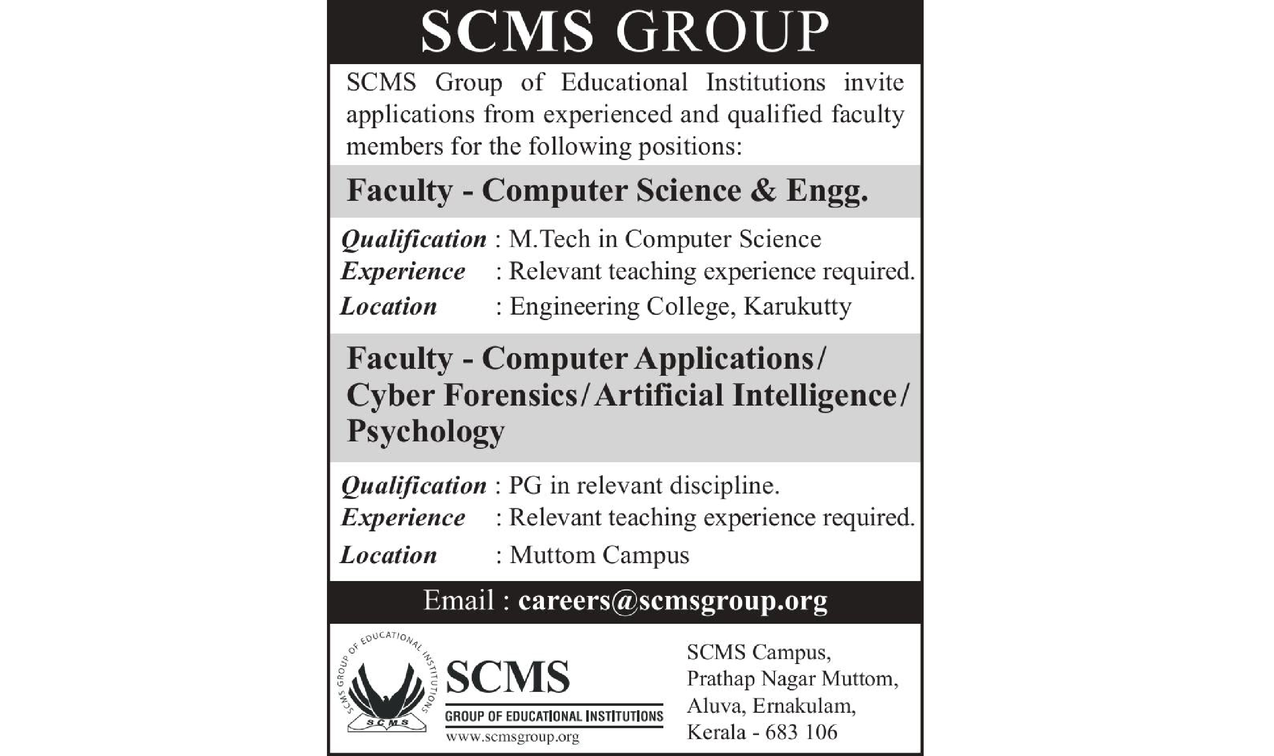 SCMS Group of Educational Institutions Invites Applications for Faculty Positions