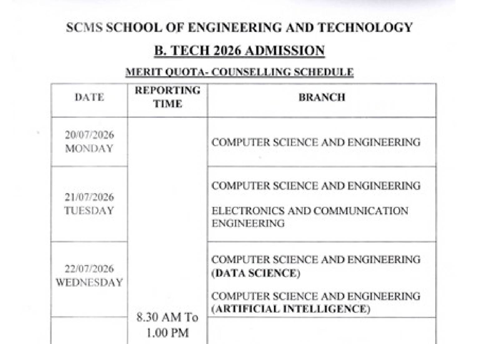 Counselling Schedule MERIT QUOTA